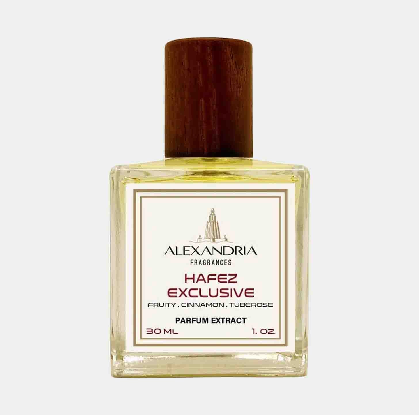 A clear glass bottle of Alexandria Fragrances Hafez Exclusive Sample, featuring a wooden cap and a label that describes it as a parfum extract with notes of fruity, cinnamon, and tuberose. The bottle contains 30 mL of fragrance.