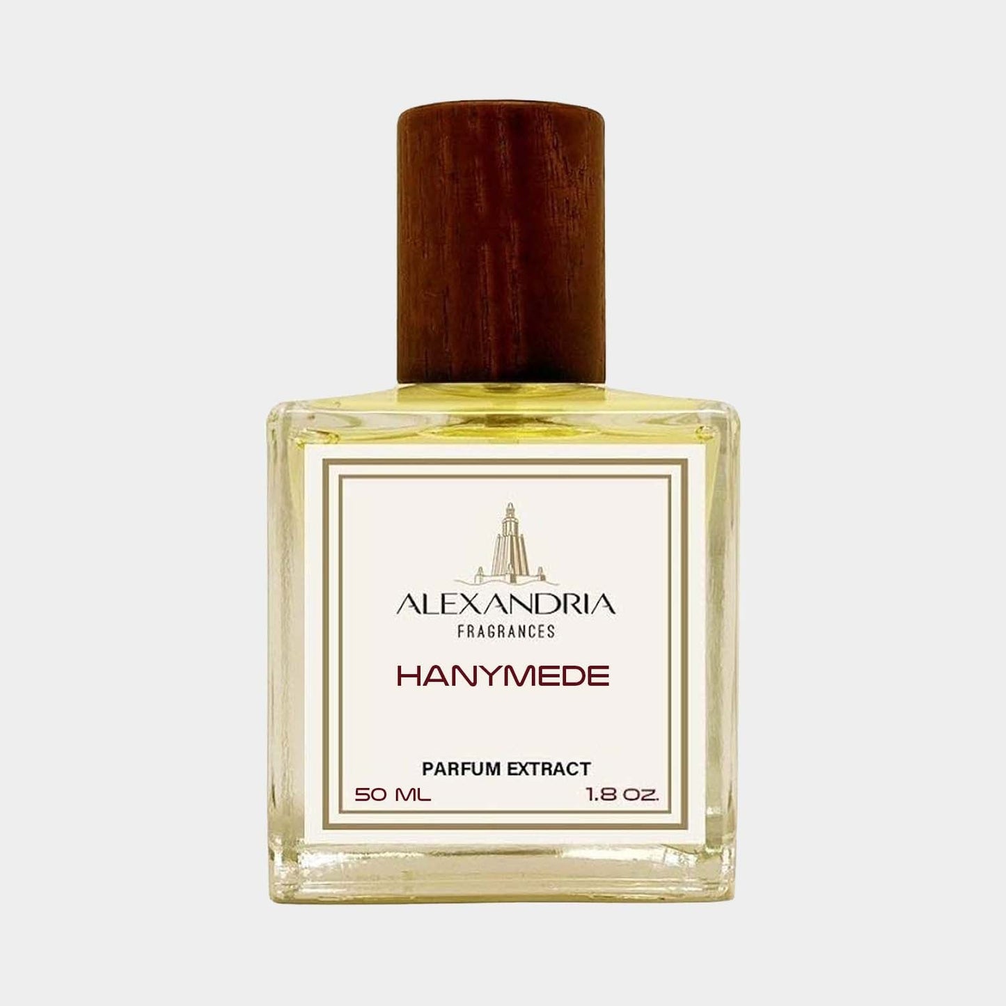 A 50 ml bottle of Alexandria Fragrances Hanymede Sample, featuring a stylish square design with a wooden cap and a label that highlights its parfum extract concentration.
