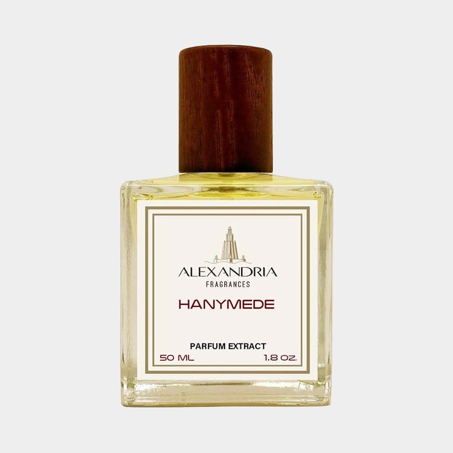 A 50 ml bottle of Alexandria Fragrances Hanymede Sample, featuring a stylish square design with a wooden cap and a label that highlights its parfum extract concentration.