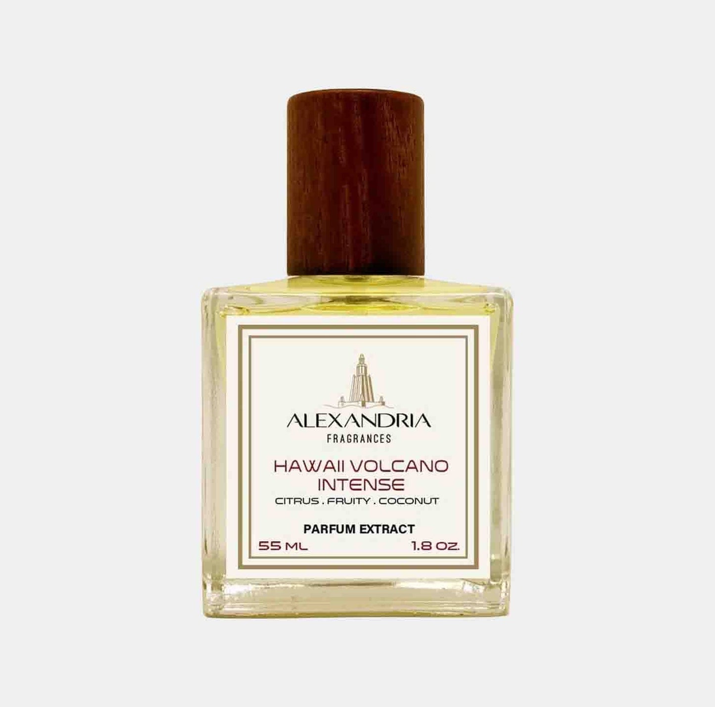A 55 ml bottle of Alexandria Fragrances Hawaii Volcano Intense, featuring a wooden cap and label that highlights its citrus, fruity, and coconut notes. The bottle is elegantly designed, showcasing the perfume's parfum extract quality.