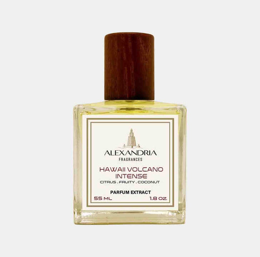 A 55 ml bottle of Alexandria Fragrances Hawaii Volcano Intense, featuring a wooden cap and label that highlights its citrus, fruity, and coconut notes. The bottle is elegantly designed, showcasing the perfume's parfum extract quality.