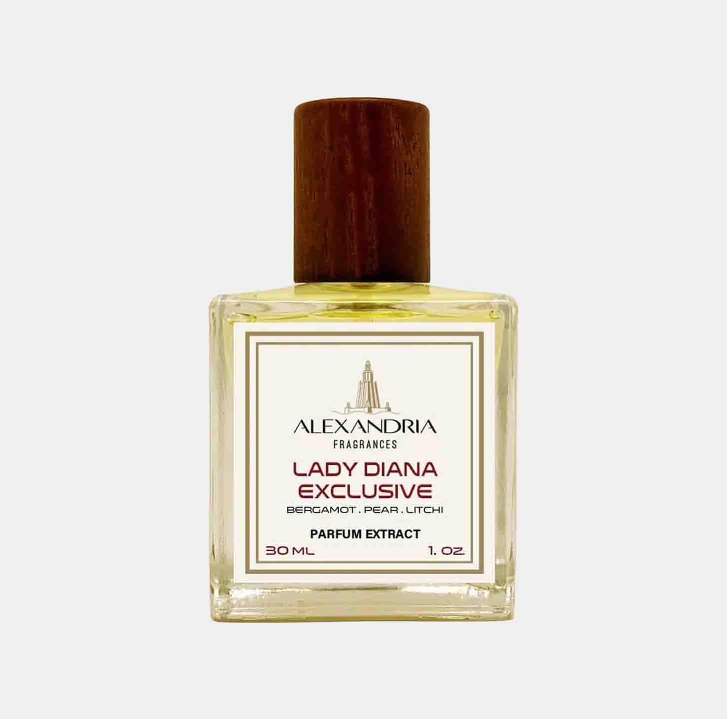 A full bottle of Alexandria Fragrances Lady Diana Exclusive, featuring a stylish design with a wooden cap. This parfum extract has notes of bergamot, pear, and lychee, presented in a 30 mL glass bottle.