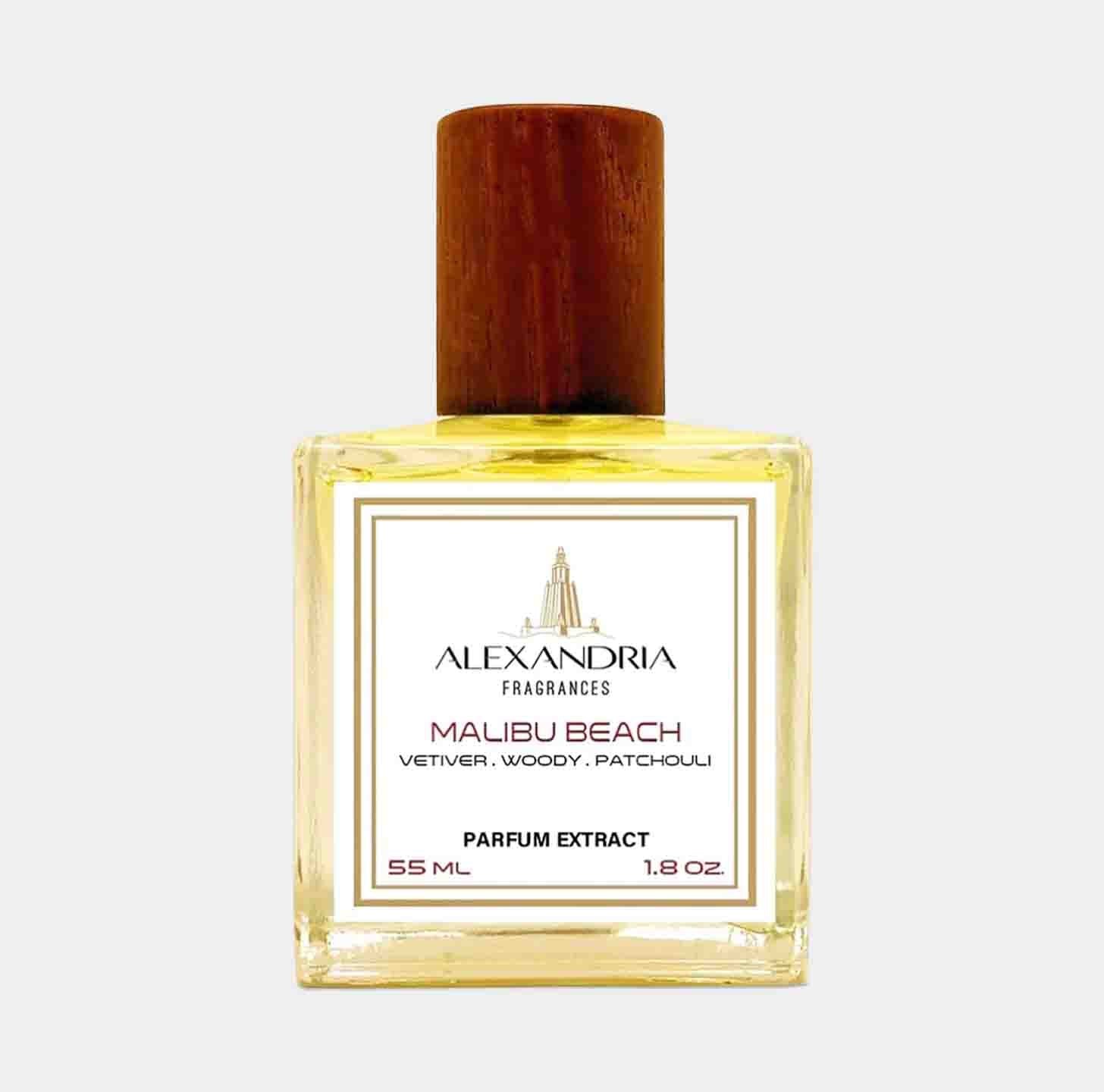 Alexandria Fragrances Malibu Beach Sample is a parfum extract in a 55ml glass bottle, featuring a wooden cap and a label detailing its vetiver, woody, and patchouli notes.