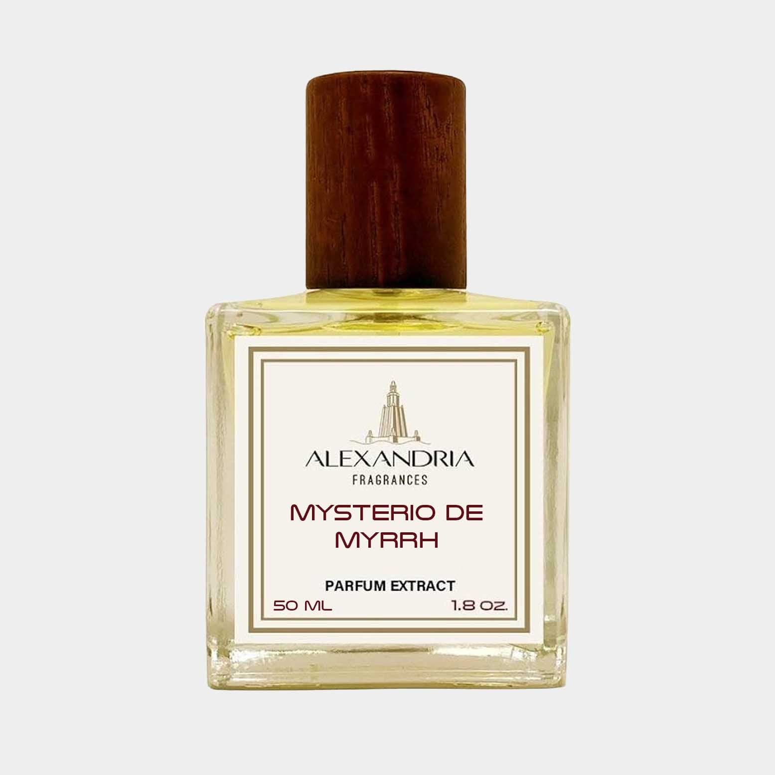 A bottle of Alexandria Fragrances Mysterio de Myrrh Sample, featuring a wooden cap and clear liquid, labeled as a 50 mL parfum extract.