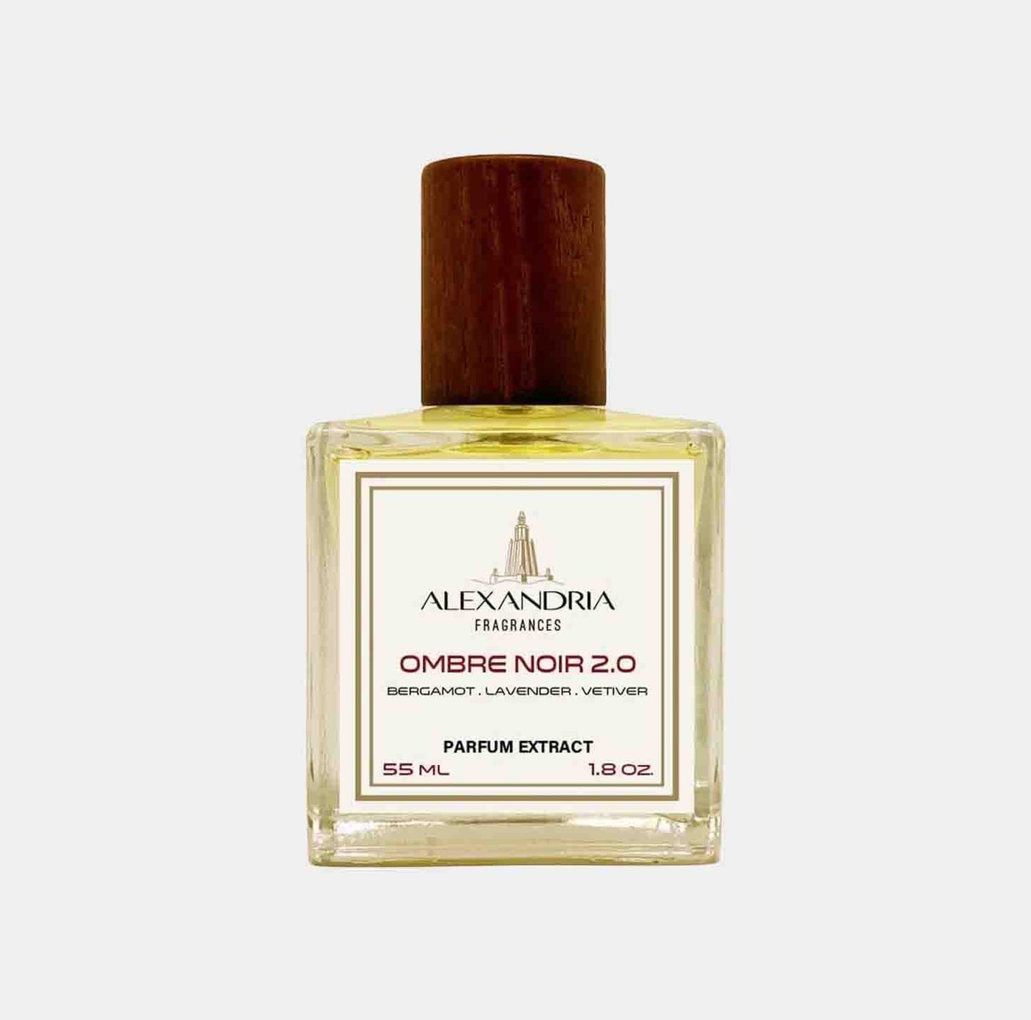 A 55 ml bottle of Alexandria Fragrances Ombre Noir 2.0, featuring a wooden cap and a label that highlights its fragrant notes of bergamot, lavender, and vetiver.