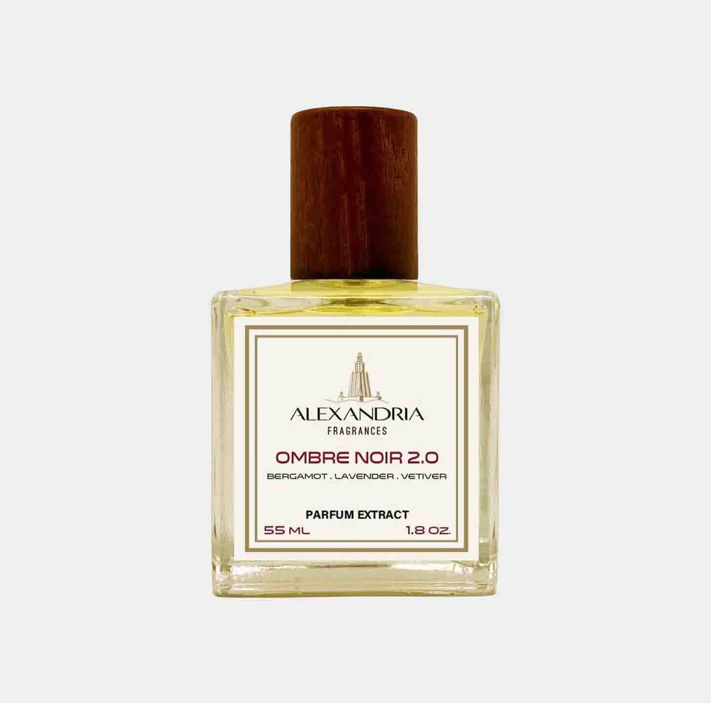 A 55 ml bottle of Alexandria Fragrances Ombre Noir 2.0, featuring a wooden cap and a label that highlights its fragrant notes of bergamot, lavender, and vetiver.