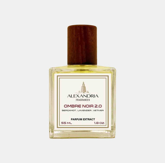 A 55 ml bottle of Alexandria Fragrances Ombre Noir 2.0, featuring a wooden cap and a label that highlights its fragrant notes of bergamot, lavender, and vetiver.