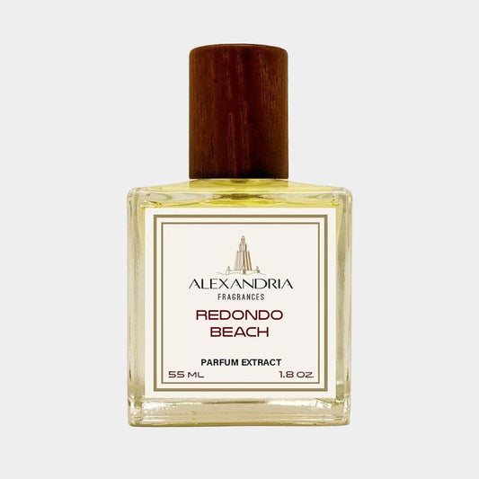 A full bottle of Alexandria Fragrances Redondo Beach perfume, featuring a rectangular glass bottle with a wooden cap and a label that reads Redondo Beach in elegant lettering. The bottle contains 55 ml of parfum extract.