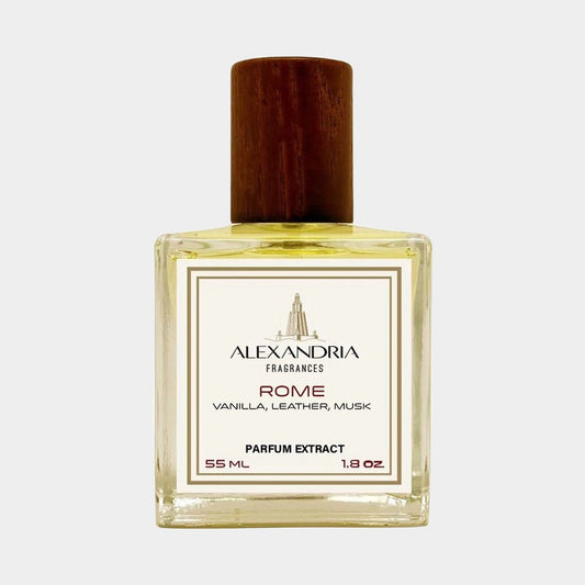 A bottle of Alexandria Fragrances Rome Sample, featuring a wooden cap and a clear glass design. The fragrance blend includes notes of vanilla, leather, and musk, and comes in a 55 ml size.