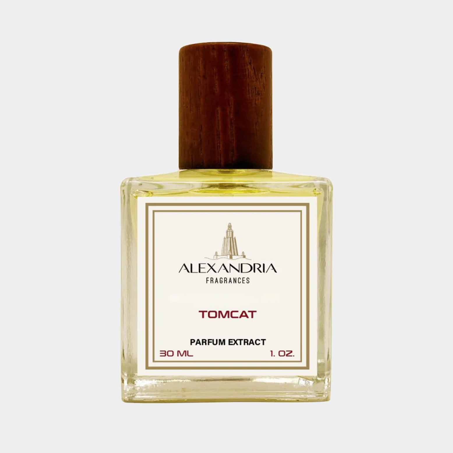 30ml bottle of Alexandria Fragrances TomCat Sample, featuring a rectangular glass design with a wooden cap and a label displaying the fragrance name.