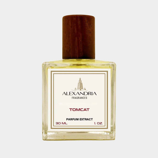 30ml bottle of Alexandria Fragrances TomCat Sample, featuring a rectangular glass design with a wooden cap and a label displaying the fragrance name.