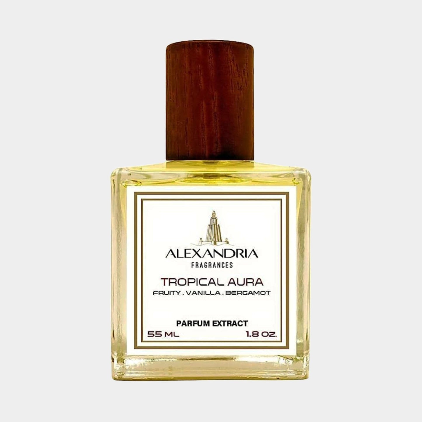 A bottle of Alexandria Fragrances Tropical Aura Sample, featuring a clear glass design with a wooden cap, containing 55 ml of parfum extract in a vibrant yellow hue, characterized by fruity, vanilla, and bergamot notes.