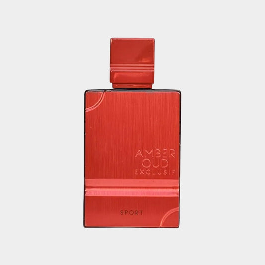 Amber Oud Exclusif Sport Cologne Sample features a sleek, red bottle with a minimalist design, showcasing its bold and vibrant fragrance. Ideal for active individuals, this sample encapsulates elegance and energy in one portable size.