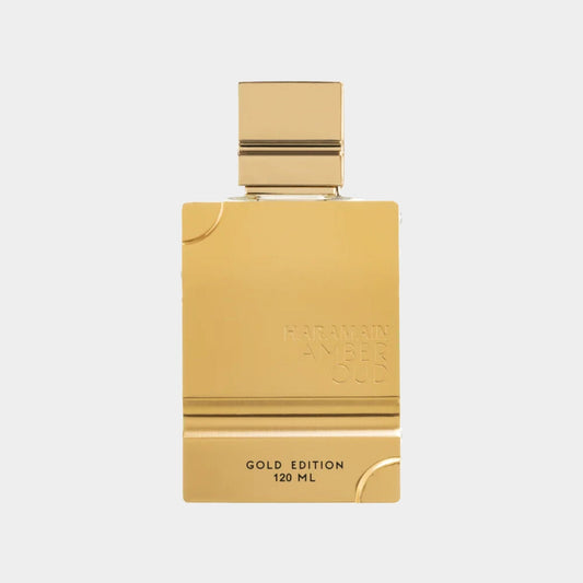 A sleek gold bottle of Al Haramain Amber Oud Gold Sample, featuring a modern design and engraved branding, containing 120 ml of the luxurious fragrance.
