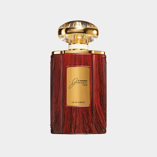 A luxurious bottle of Al Haramain Junoon Oud Sample, featuring an ornate design with rich wooden textures and a gold accent cap, designed for showcasing the intricate essence of Oud fragrance.