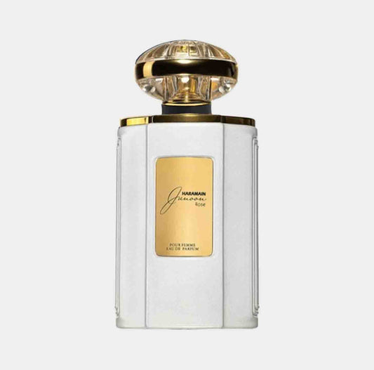 Al Haramain Junoon Rose Sample, featuring an elegant white and gold bottle with a decorative cap, showcasing its luxurious design and floral scent.