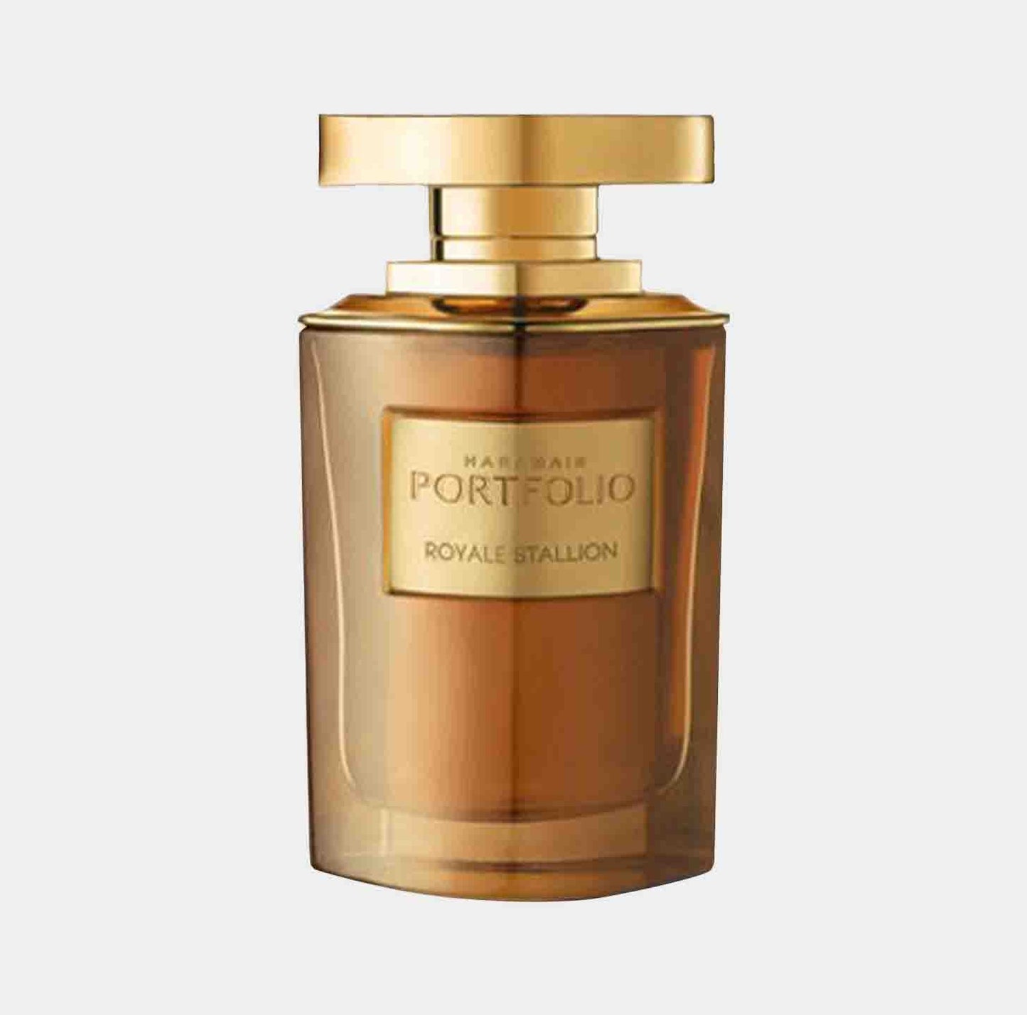 A bottle of Al Haramain Portfolio Royale Stallion perfume sample, featuring an elegant design with a gold cap and a rich amber-colored liquid inside.