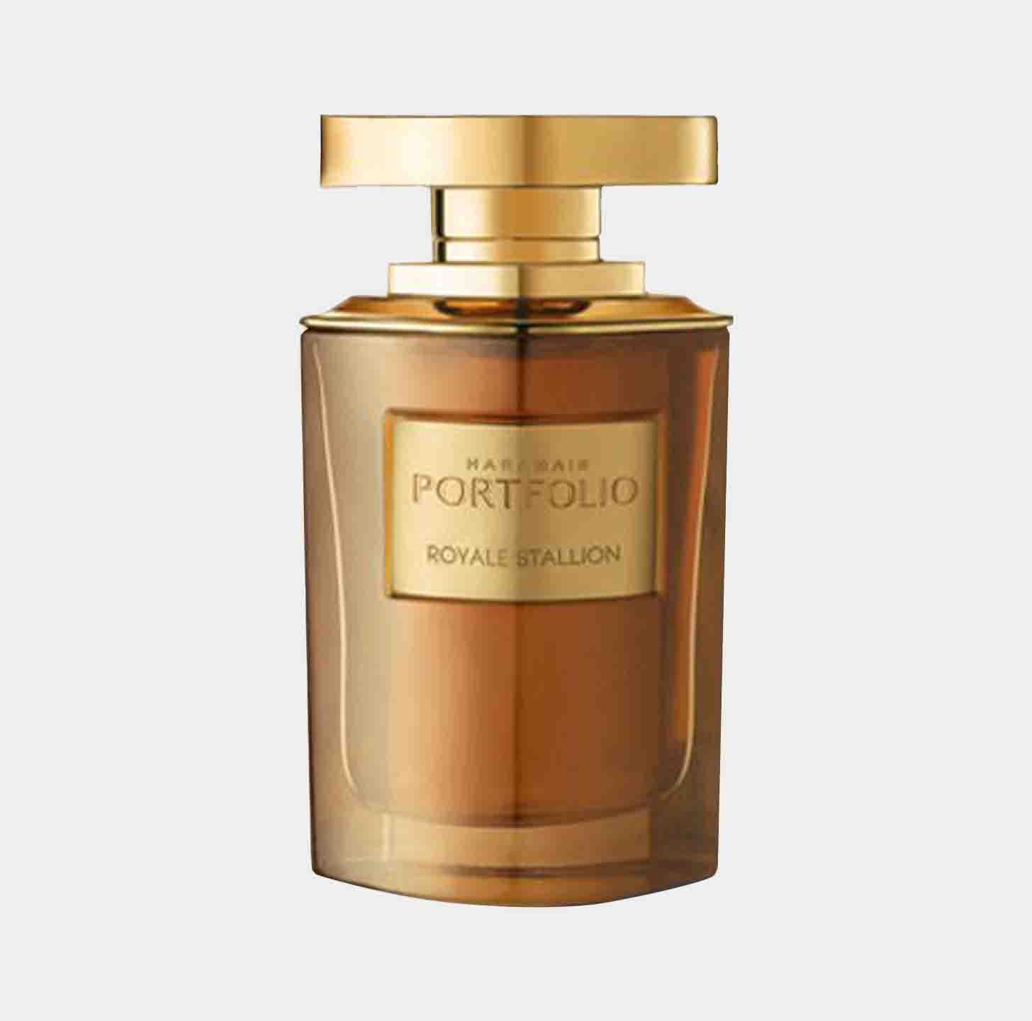 A bottle of Al Haramain Portfolio Royale Stallion perfume sample, featuring an elegant design with a gold cap and a rich amber-colored liquid inside.