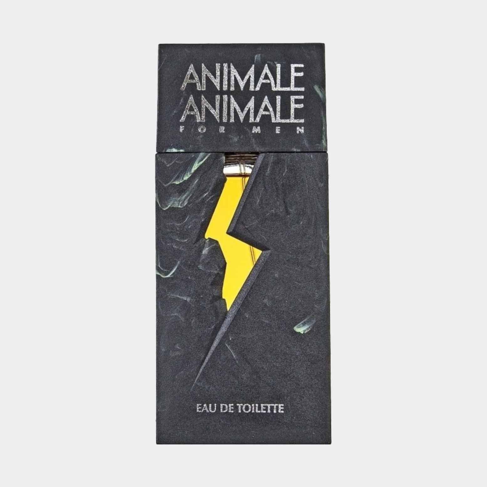 Animale Animale for Men EDT sample featuring a sleek black box with a striking lightning bolt design. The packaging highlights the fragrance's bold and adventurous character.