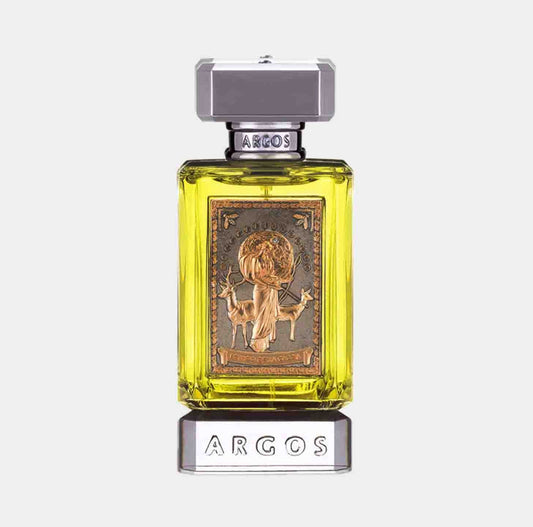 A vibrant yellow perfume bottle labeled 'Argos' with an ornate design featuring a tree and deers, representing the Argos Bacio Immortale Sample. The bottle has a sleek silver cap, embodying elegance and luxury.