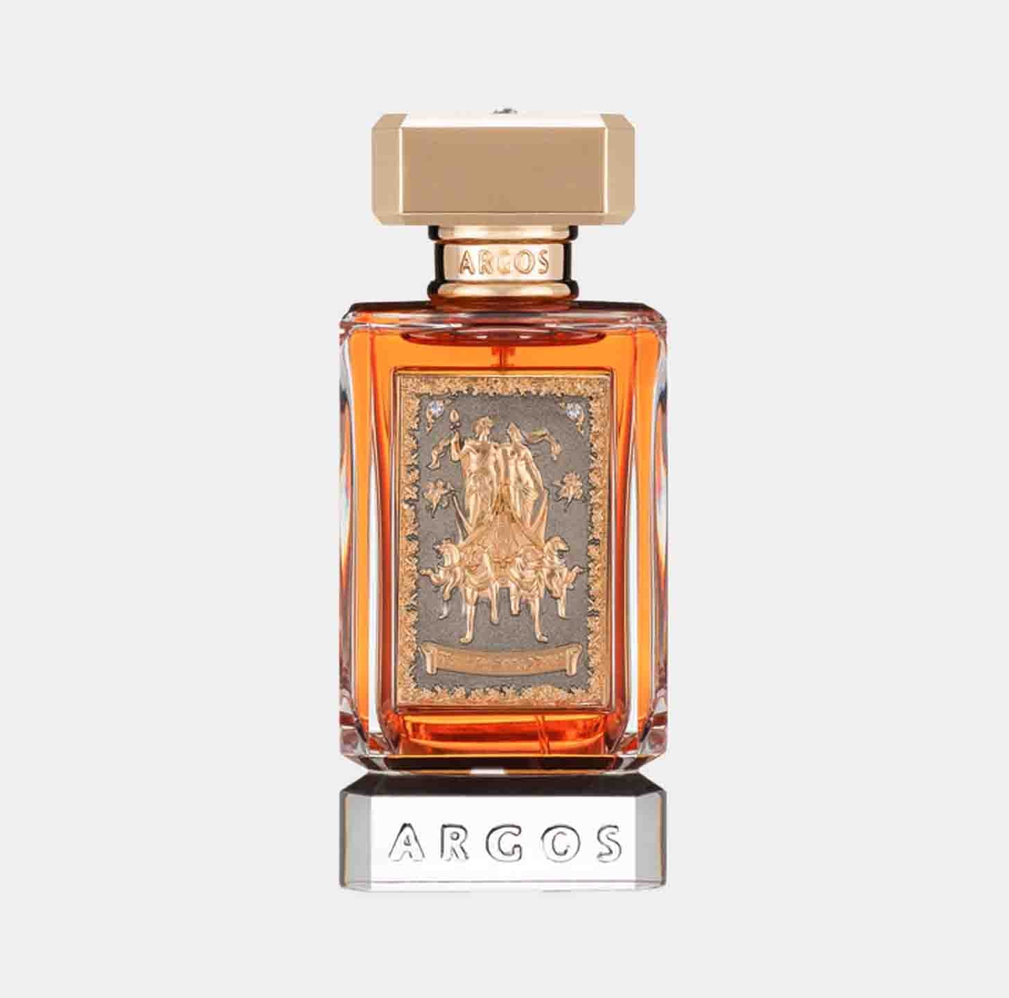 A glamorous bottle of Argos Triumph Of Bacchus Sample perfume, featuring a detailed bronze plaque depicting Bacchus, set against an elegant amber liquid and topped with a stylish gold cap.
