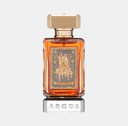 A glamorous bottle of Argos Triumph Of Bacchus Sample perfume, featuring a detailed bronze plaque depicting Bacchus, set against an elegant amber liquid and topped with a stylish gold cap.