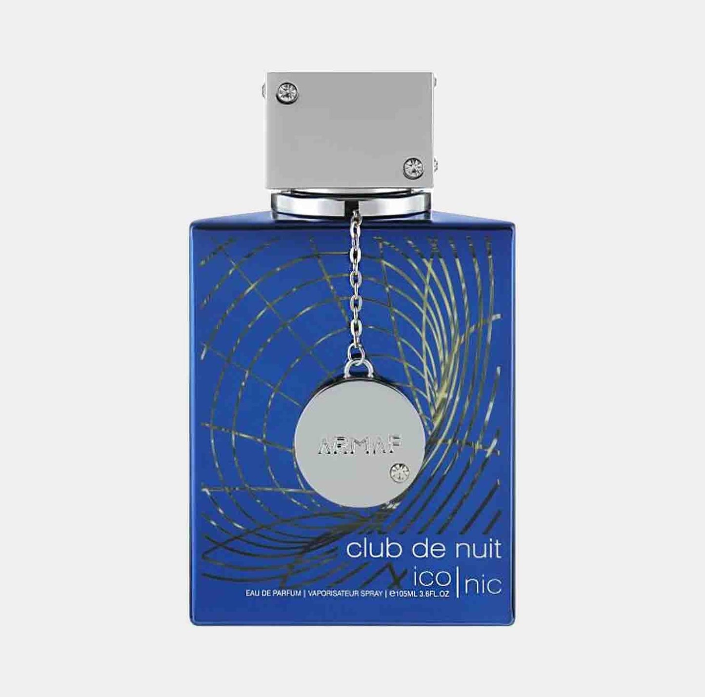 A sample bottle of Armaf Club de Nuit Bleu Iconic, featuring a striking blue design with a silver cap and decorative chain. The label prominently displays the brand name and fragrance title.