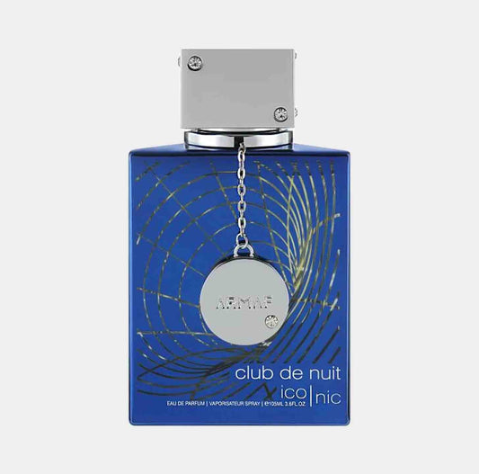 A sample bottle of Armaf Club de Nuit Bleu Iconic, featuring a striking blue design with a silver cap and decorative chain. The label prominently displays the brand name and fragrance title.