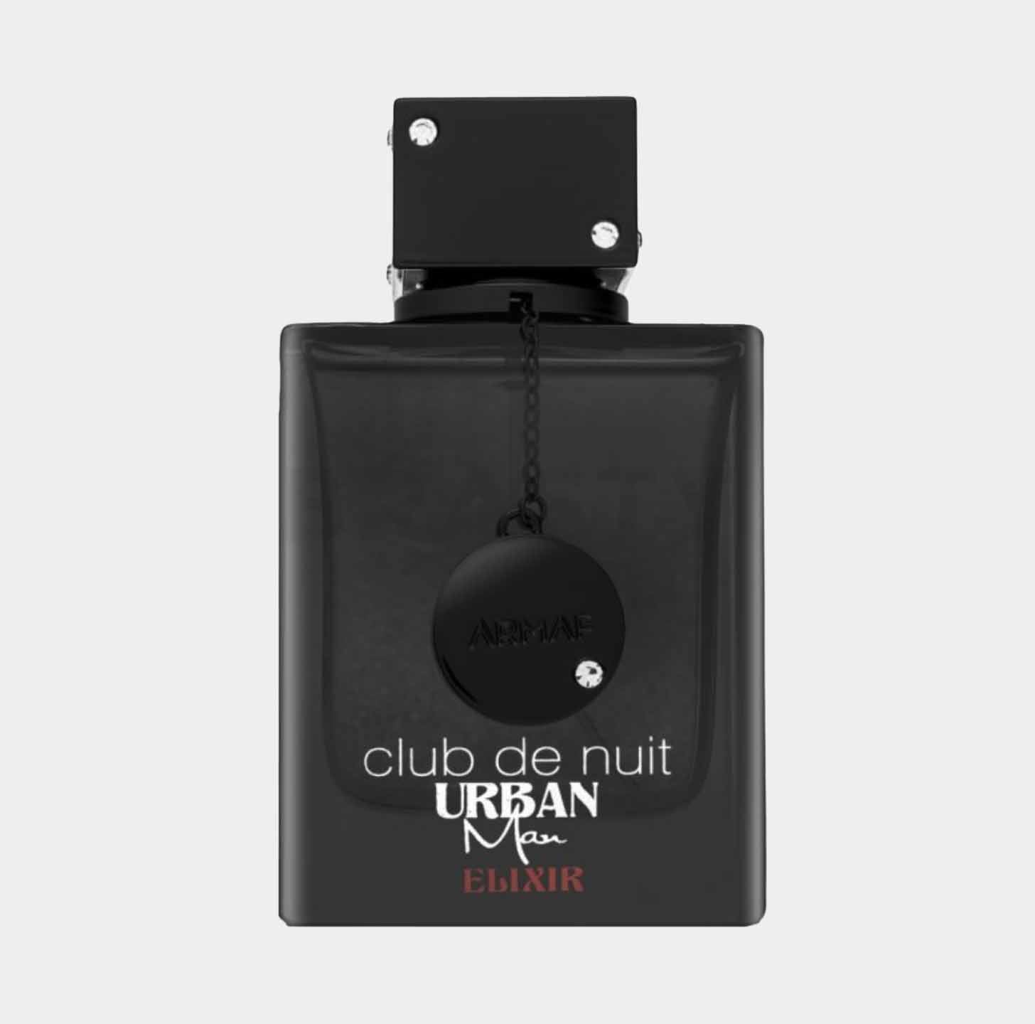 A sleek, black bottle of Armaf Club De Nuit Urban Elixir Sample, featuring a minimalist design and a signature logo on the front. The bottle is topped with a unique, square cap.
