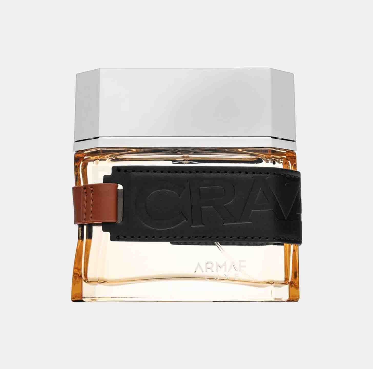 Armaf Craze Sample perfume bottle featuring a sleek design with a transparent body, a silver cap, and a distinctive black band labeled 'CRAZ'.