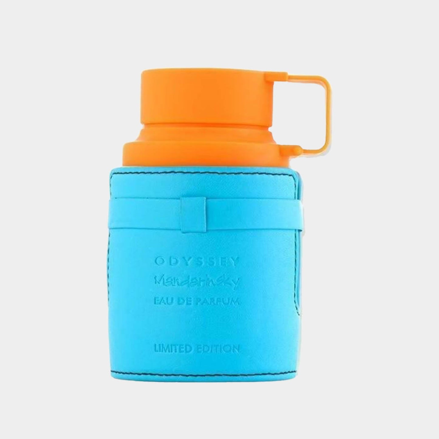 A vibrant blue and orange bottle of Armaf Odyssey Mandarin Sky Sample, featuring a textured design and a distinctive cap. This limited edition Eau de Parfum exudes a fresh and fruity fragrance.