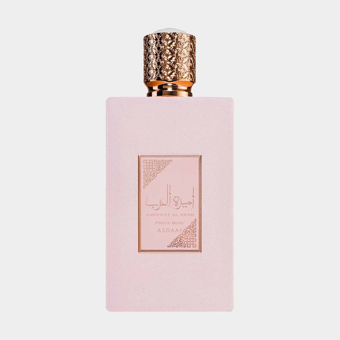 A sleek, pink perfume bottle with an ornate gold cap, featuring the label Asdaaf Ameerat Al Arab Prive Rose Sample elegantly displayed on the front.