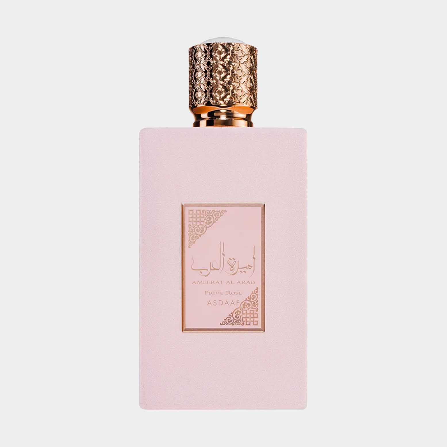 A sleek, pink perfume bottle with an ornate gold cap, featuring the label Asdaaf Ameerat Al Arab Prive Rose Sample elegantly displayed on the front.