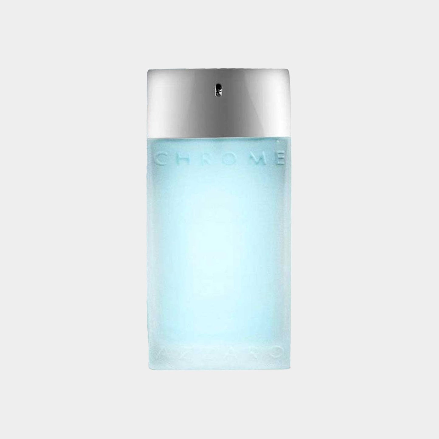 Azetro Chrome Sport Sample is a small, sleek bottle with a frosted blue liquid and a metallic silver cap, designed for a fresh and sporty fragrance experience.