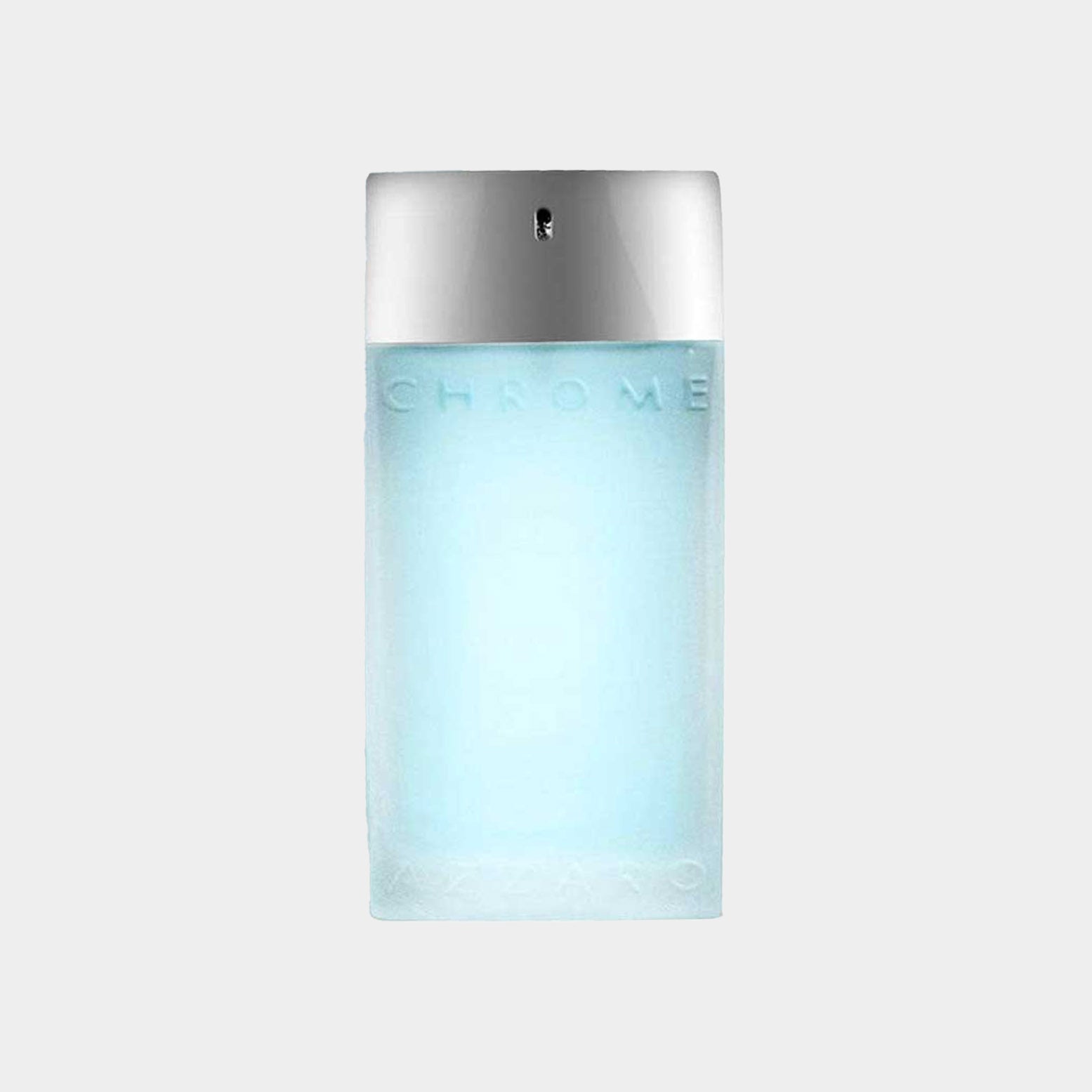 Azetro Chrome Sport Sample is a small, sleek bottle with a frosted blue liquid and a metallic silver cap, designed for a fresh and sporty fragrance experience.