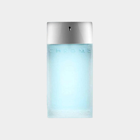 Azetro Chrome Sport Sample is a small, sleek bottle with a frosted blue liquid and a metallic silver cap, designed for a fresh and sporty fragrance experience.