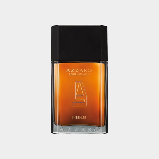 Azzaro Pour Homme Intense Sample is a sleek, rectangular glass bottle featuring a black cap and an amber fragrance, designed for a sophisticated and bold scent experience.