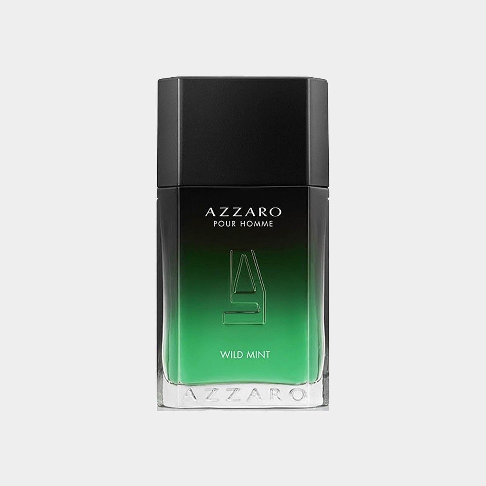 Azzaro Pour Homme Wild Mint Sample features a sleek black and green bottle, showcasing a refreshing fragrance that combines wild mint with aromatic notes for a vibrant scent experience.