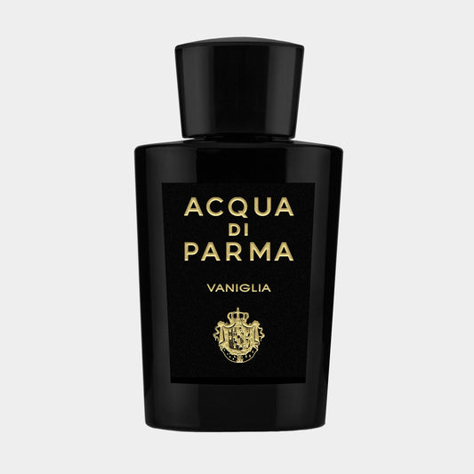 Sample bottle of Acqua di Parma Signatures Of The Sun Vaniglia Eau de Parfum, featuring a sleek black design with gold lettering and a classic cap, showcasing the luxurious fragrance's elegance.