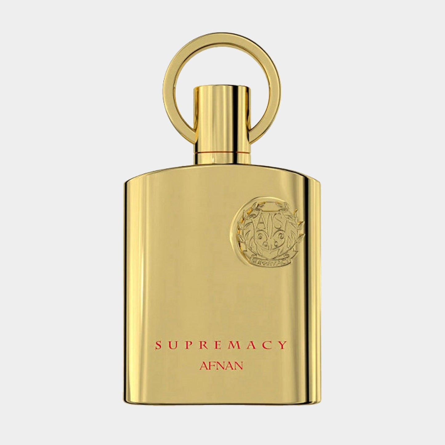 Afnan Perfumes Supremacy Gold Sample features an elegant gold bottle with a circular cap and a decorative emblem, showcasing a luxurious and refined fragrance design.