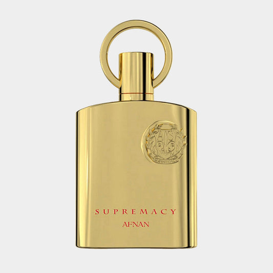 Afnan Perfumes Supremacy Gold Sample features an elegant gold bottle with a circular cap and a decorative emblem, showcasing a luxurious and refined fragrance design.