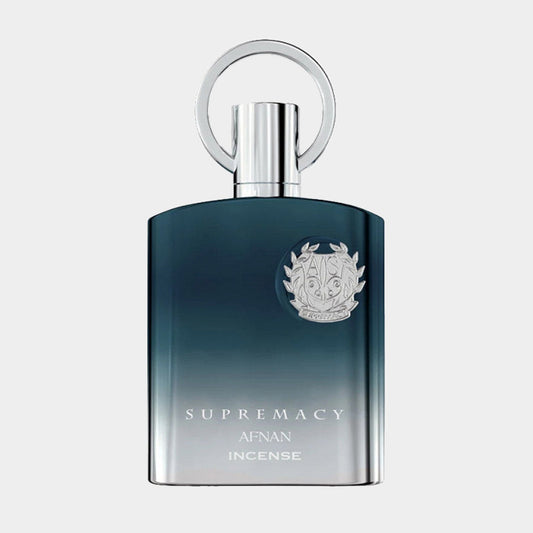 Afnan Perfumes Supremacy Incense Sample, featuring a sleek, gradient blue bottle with a silver emblem and a circular silver cap.