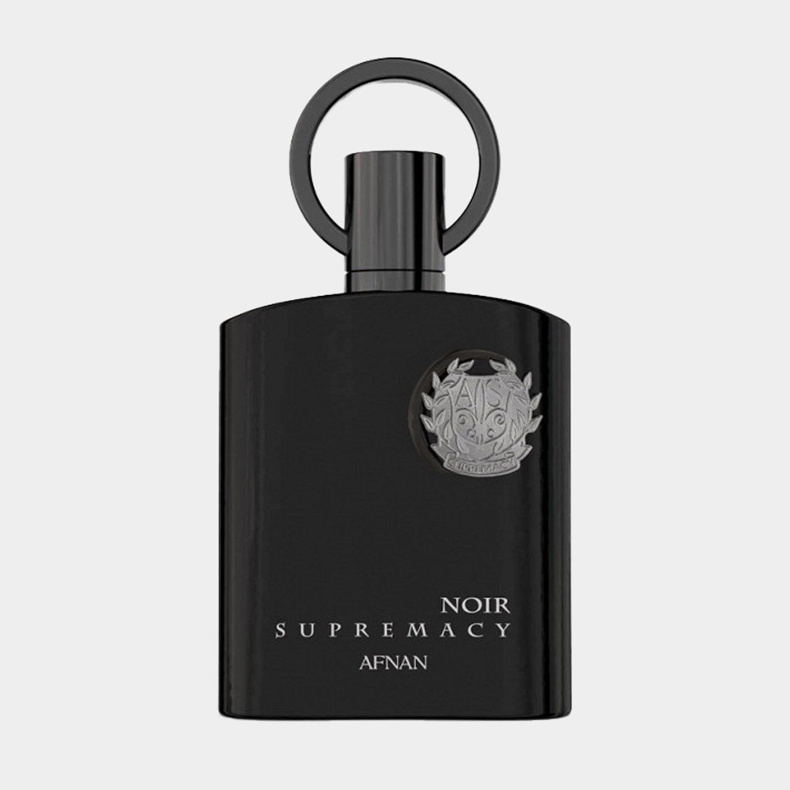 Afnan Perfumes Supremacy Noir Sample features an elegant black bottle with a sleek design and metallic accents. The packaging exudes sophistication, showcasing the product's luxurious appeal.