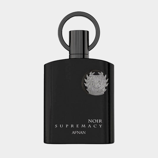 Afnan Perfumes Supremacy Noir Sample features an elegant black bottle with a sleek design and metallic accents. The packaging exudes sophistication, showcasing the product's luxurious appeal.