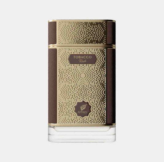 Afnan Perfumes Tobacco Rush Sample showcasing an elegantly designed bottle featuring intricate gold patterns and a deep brown accent. The label prominently displays the name Tobacco Rush.