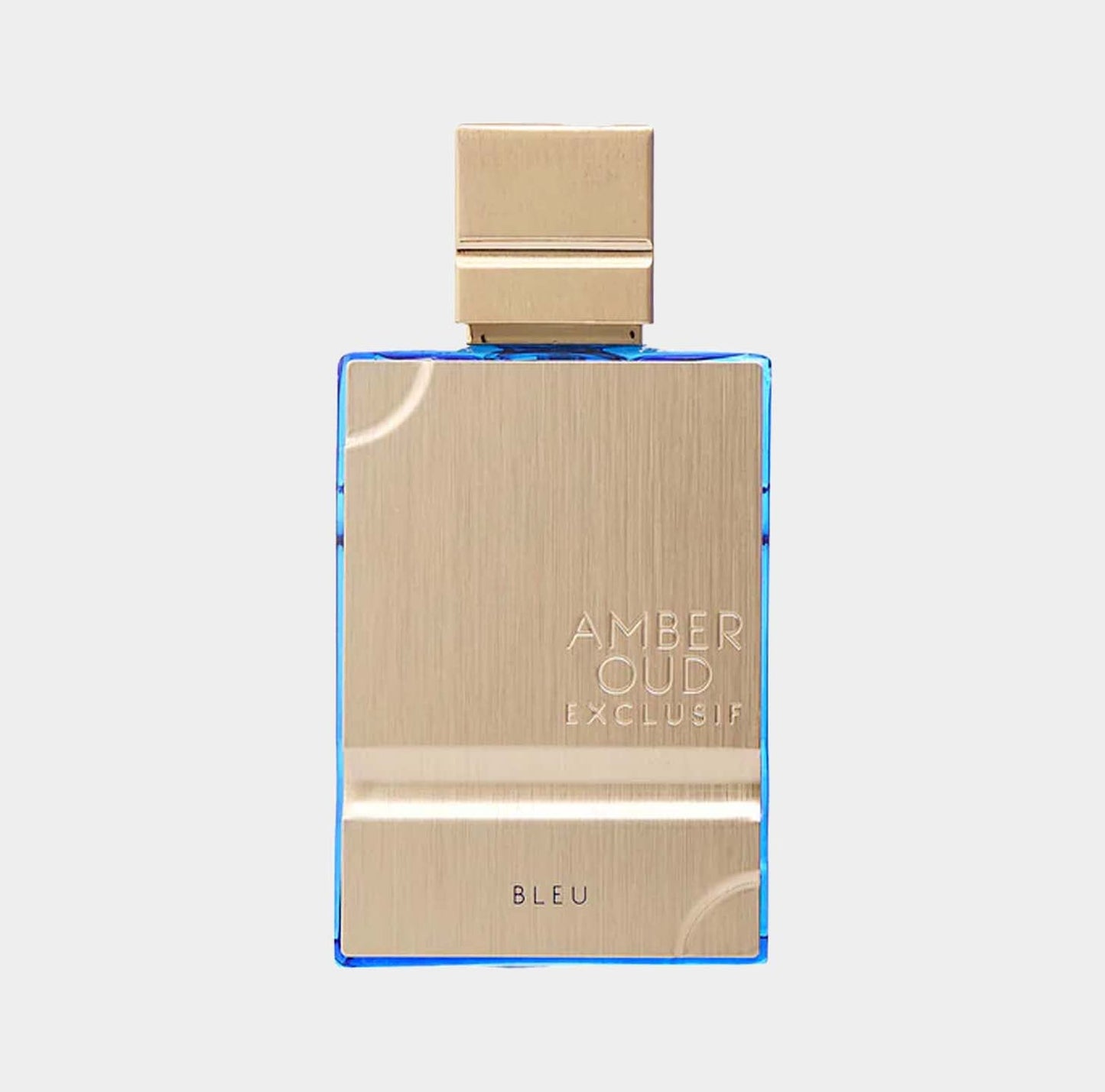 Amber Oud Exclusif Bleu Sample features a sleek blue glass bottle with a textured gold cap, showcasing its elegant design. This sample offers a luxurious fragrance experience.