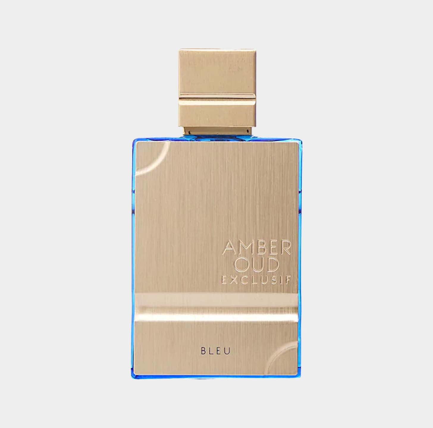 Amber Oud Exclusif Bleu Sample features a sleek blue glass bottle with a textured gold cap, showcasing its elegant design. This sample offers a luxurious fragrance experience.
