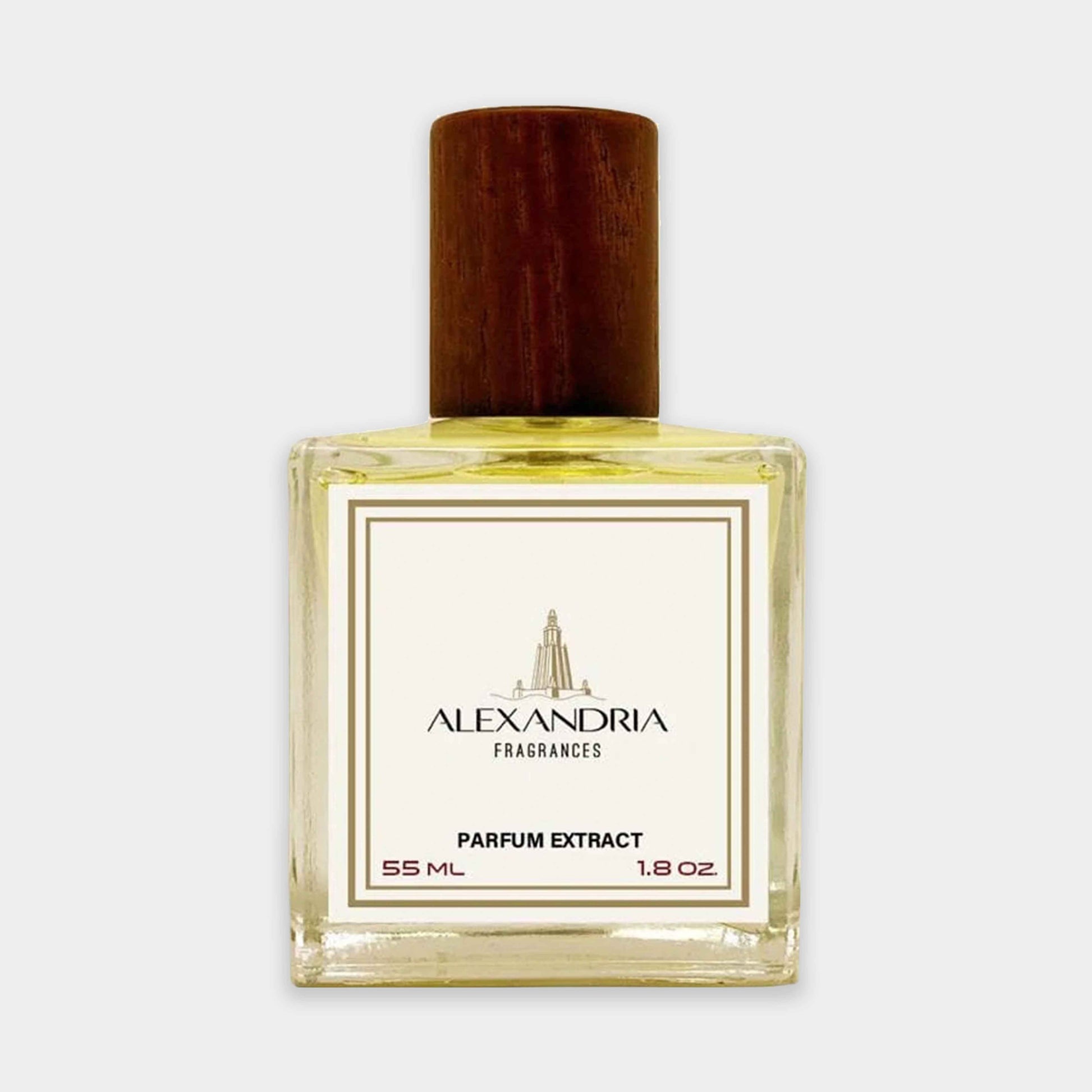 A full bottle of Alexandria Fragrances Nobility, featuring a clear glass design with a wooden cap, labeled as a 55 ml parfum extract. The elegant packaging showcases the brand's sophisticated aesthetic.