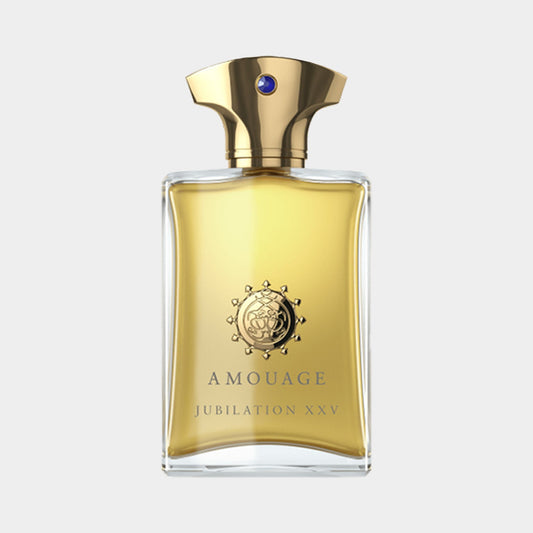 Amouage Jubilation XXV Made in Oman Sample is displayed in an ornate glass bottle with a gold cap and jewel accent, featuring a luxurious yellow fragrance.