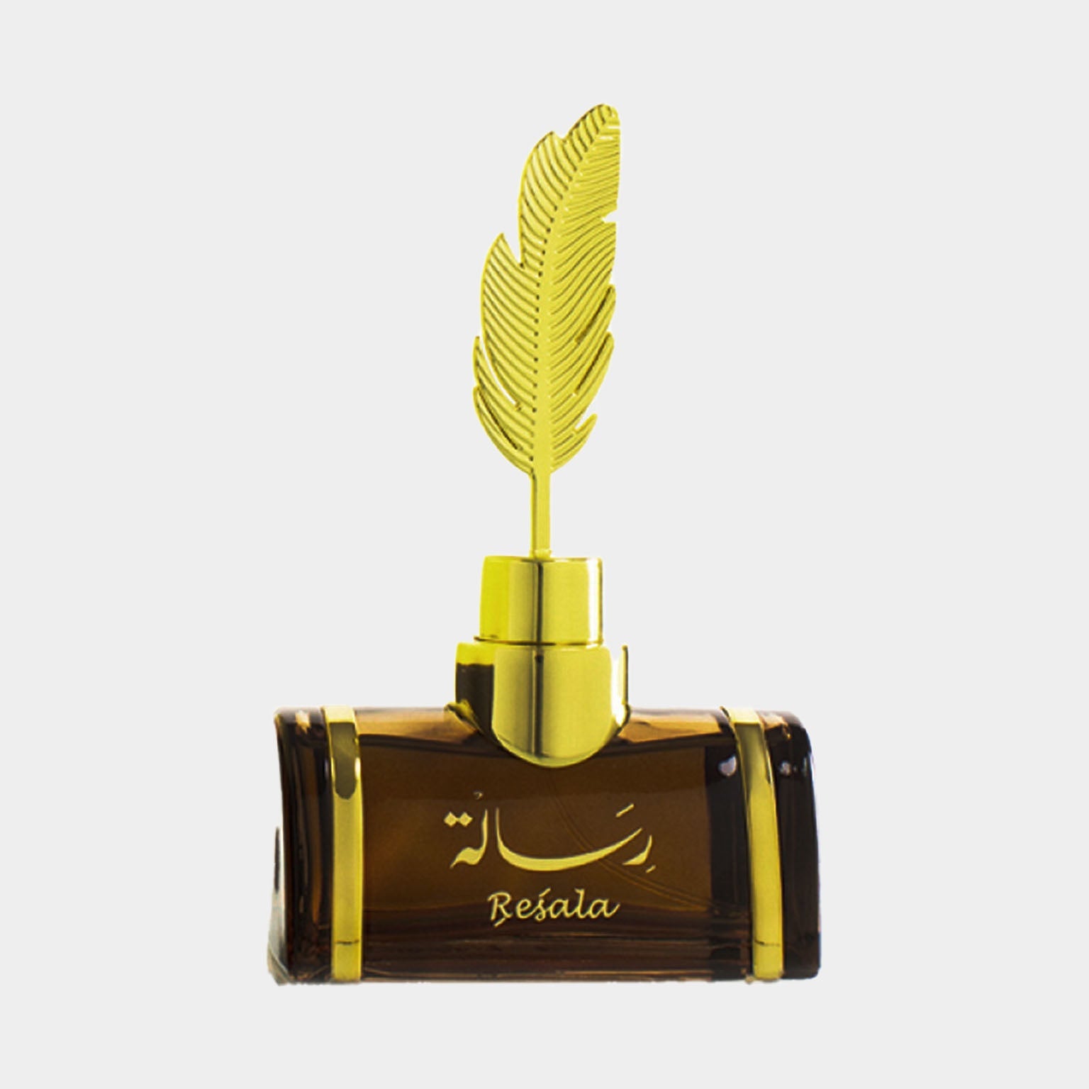 Arabian Oud Resala Sample fragrance, featuring a stylish amber bottle topped with a gold feather-shaped cap.